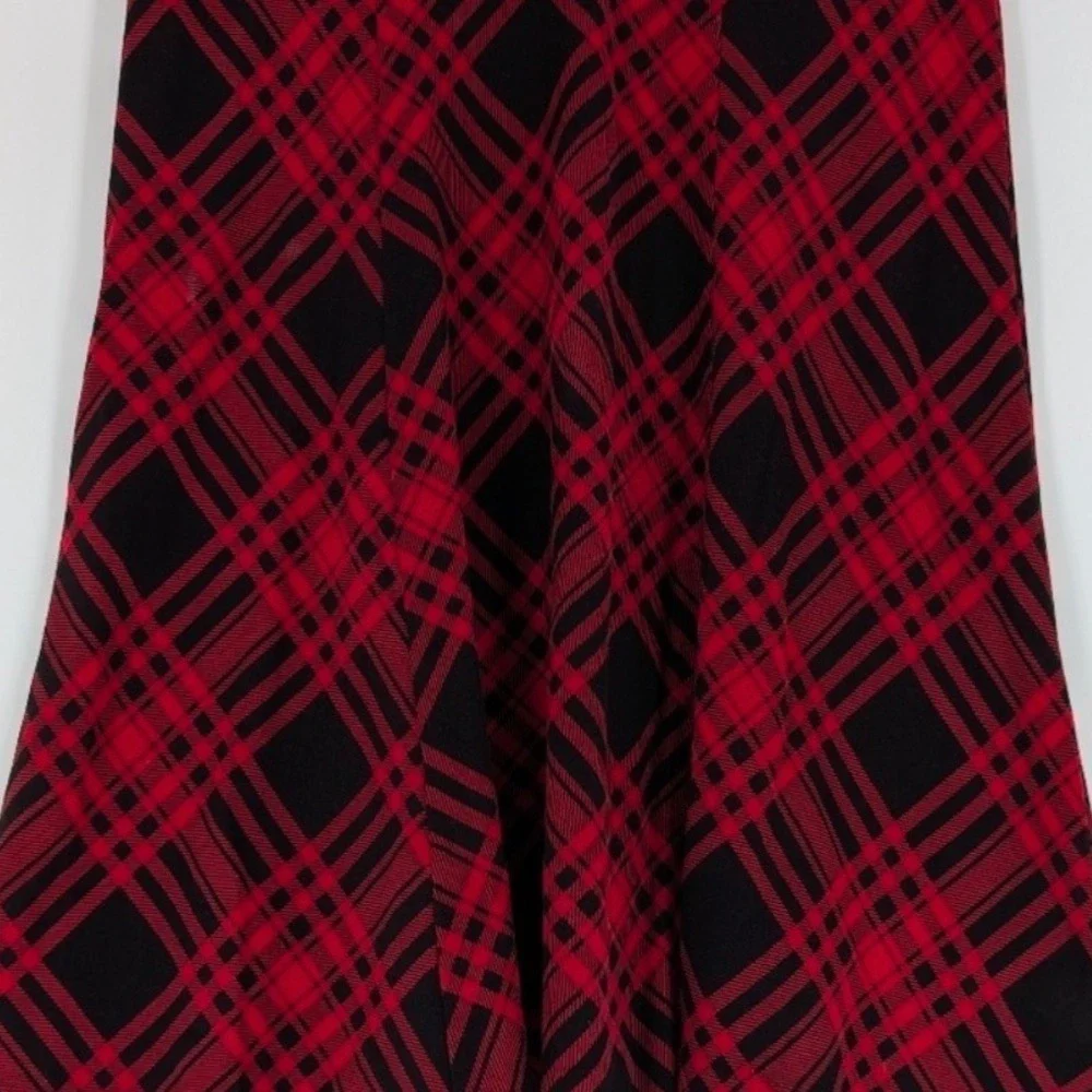 Chaps Red Black Plaid A-Line Midi Skirt Cotton Jersey Pull On Small‎